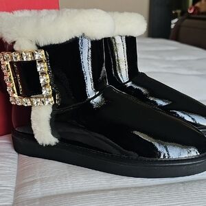 Roger Vivier Black Ankle Boots with Gold Buckle